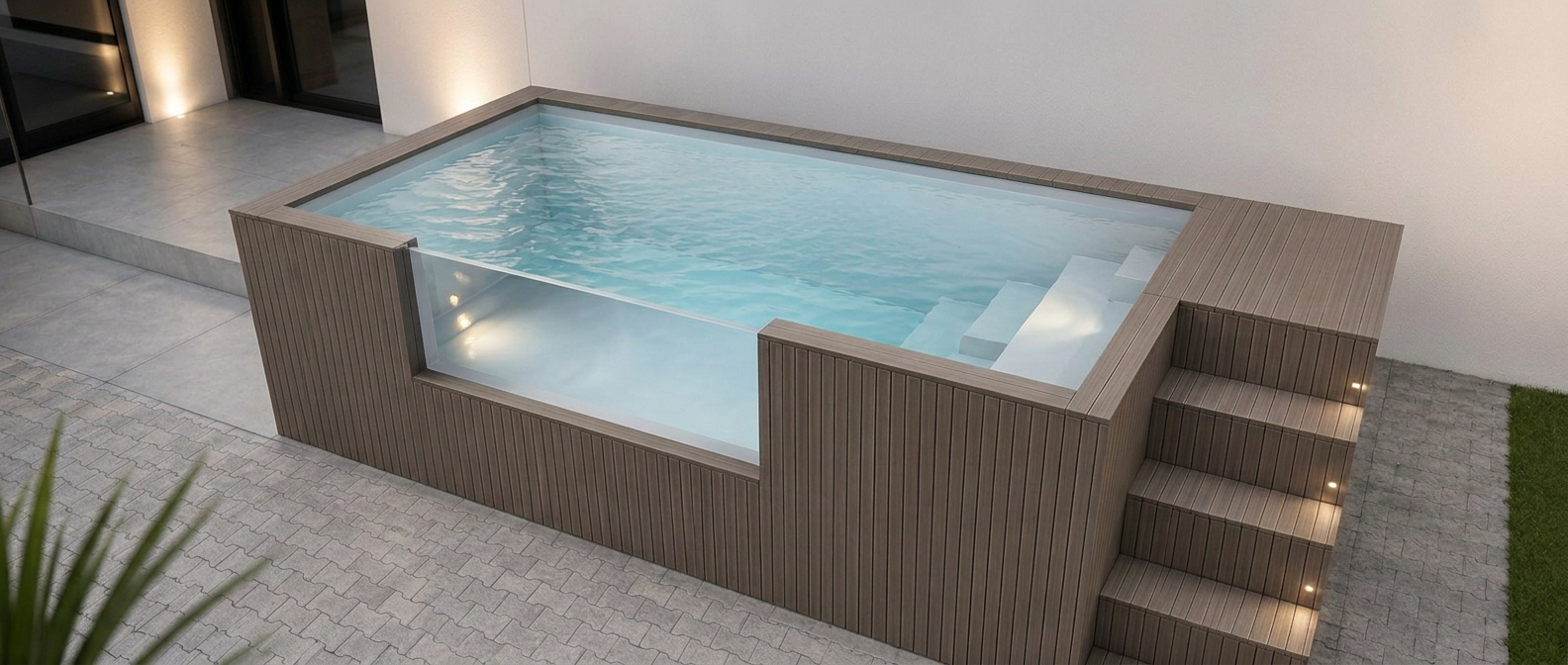 Plunge pool met sfeerverlichting in de avond
