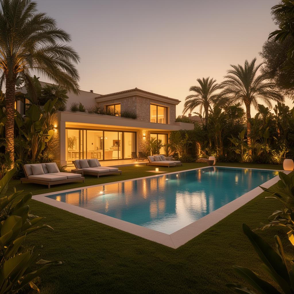 Luxe tuin met StarPools zwembad in avondlicht — als een vakantiebestemming